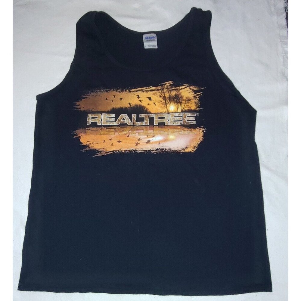 GILDAN MEN'S BLACK REALTREE SHOOTER SHIRT ORANGE YELLOW PRINT IMAGE TANK TOP MED